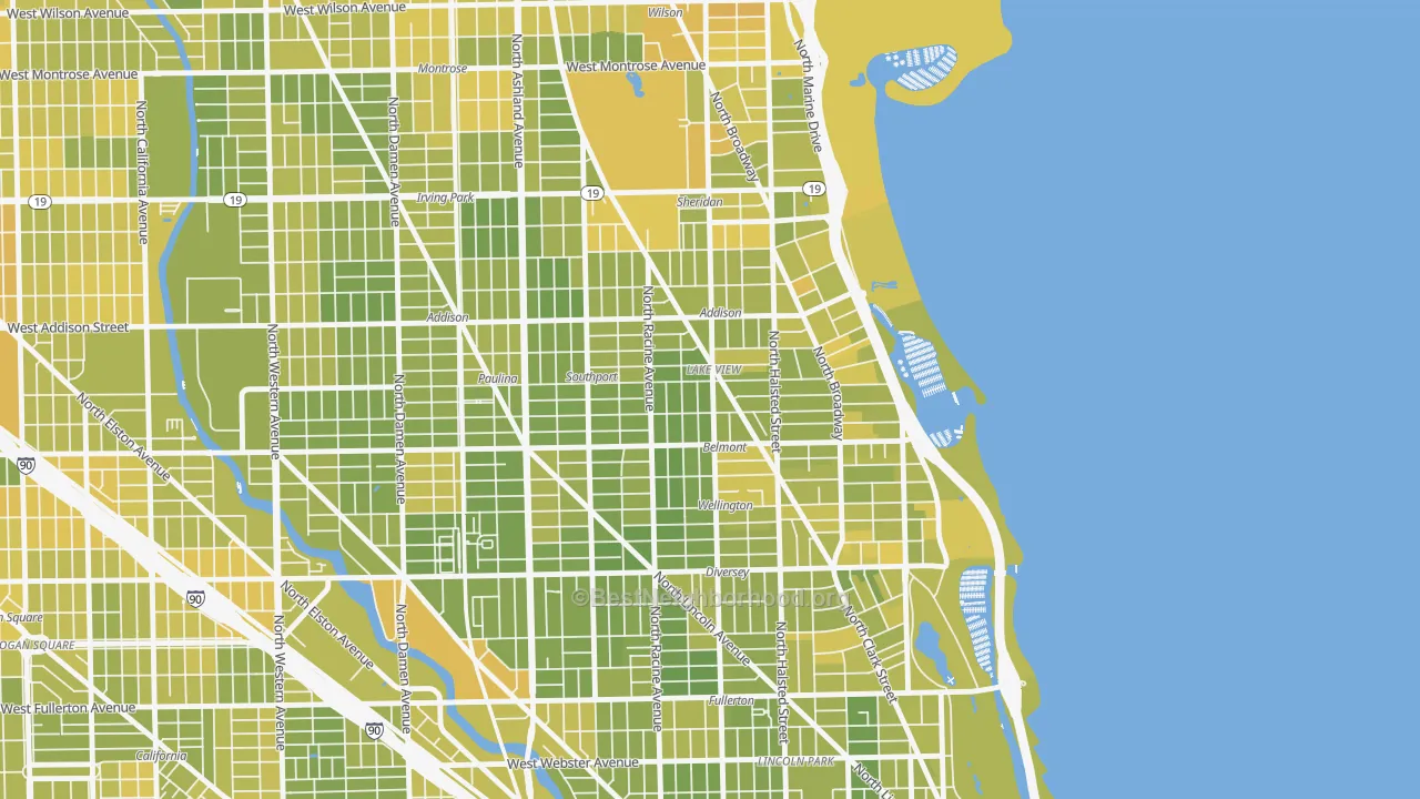 Map of the best neighborhoods in the Lake View, Chicago area, with better matches in green and worse matches in red