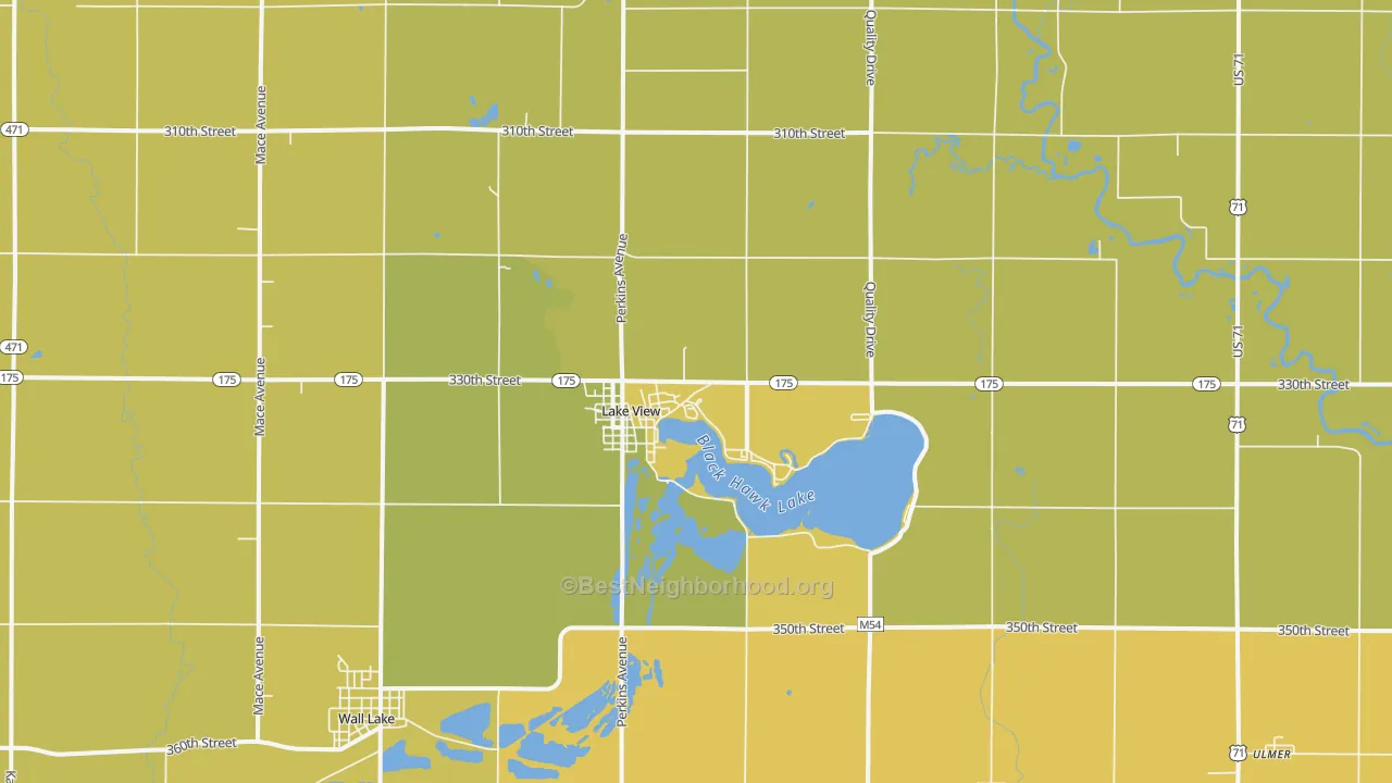 Map of the best neighborhoods in the Lake View area, with better matches in green and worse matches in red