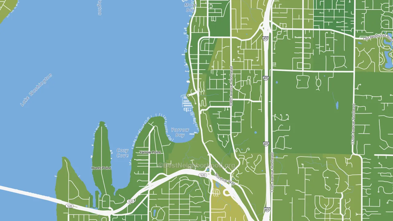 Map of the best neighborhoods in the Lake View, Kirkland area, with better matches in green and worse matches in red