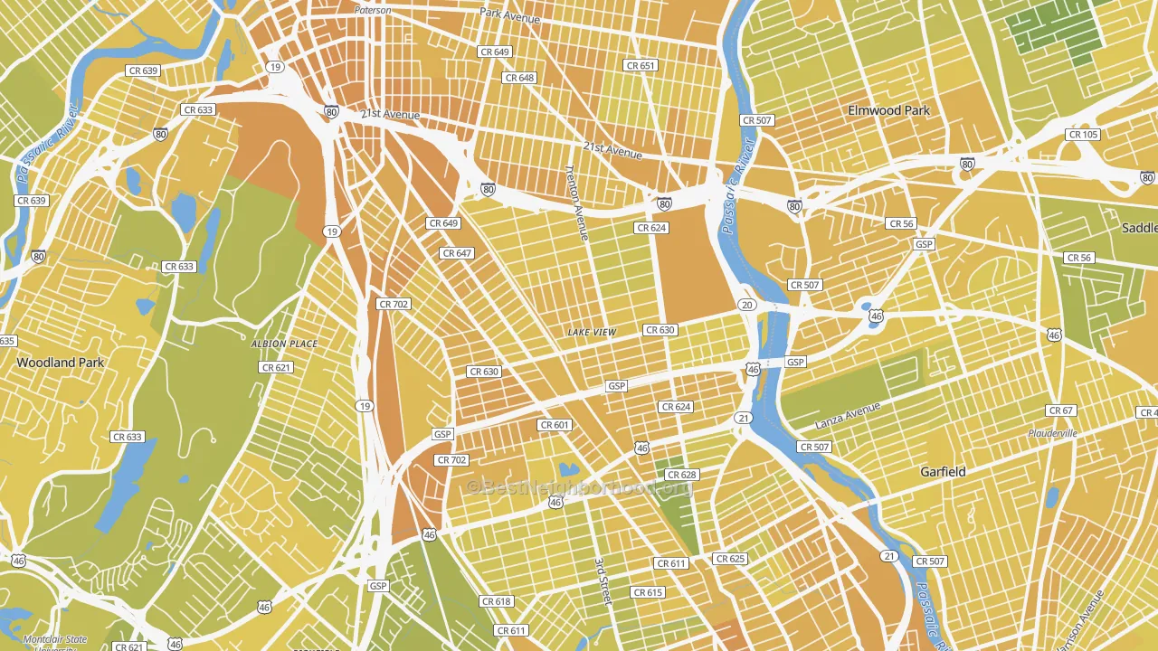 Map of the best neighborhoods in the Lake View, Paterson area, with better matches in green and worse matches in red