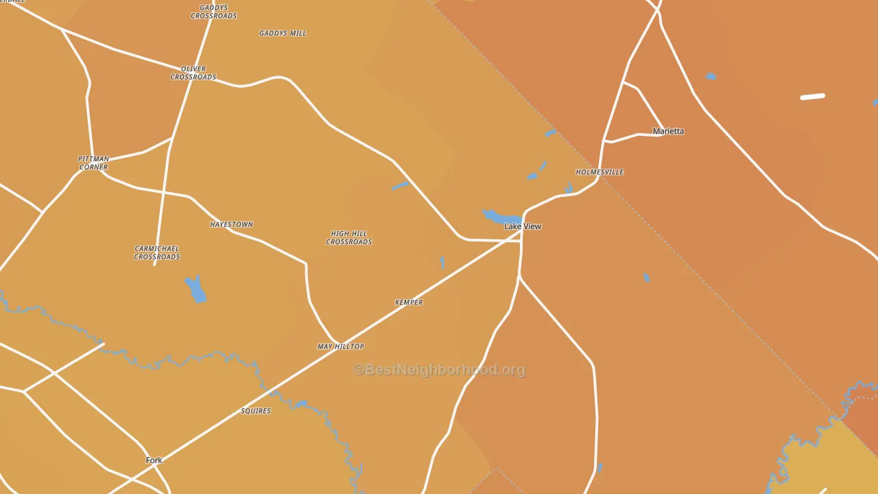 Map of the best neighborhoods in the Lake View area, with better matches in green and worse matches in red