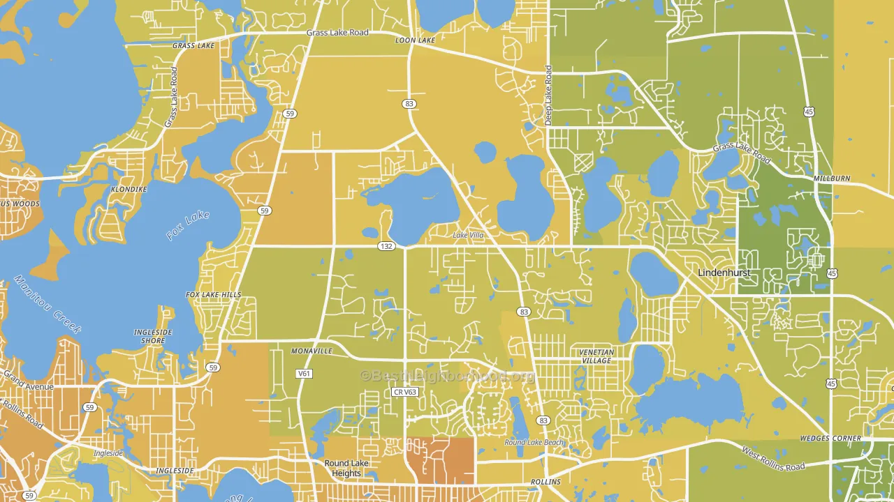 Map of the best neighborhoods in the Lake Villa area, with better matches in green and worse matches in red