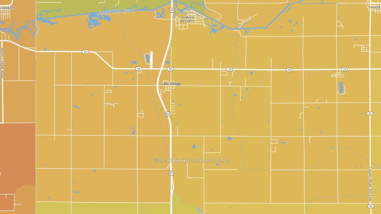 Map of the best neighborhoods in the Lake Village area, with better matches in green and worse matches in red