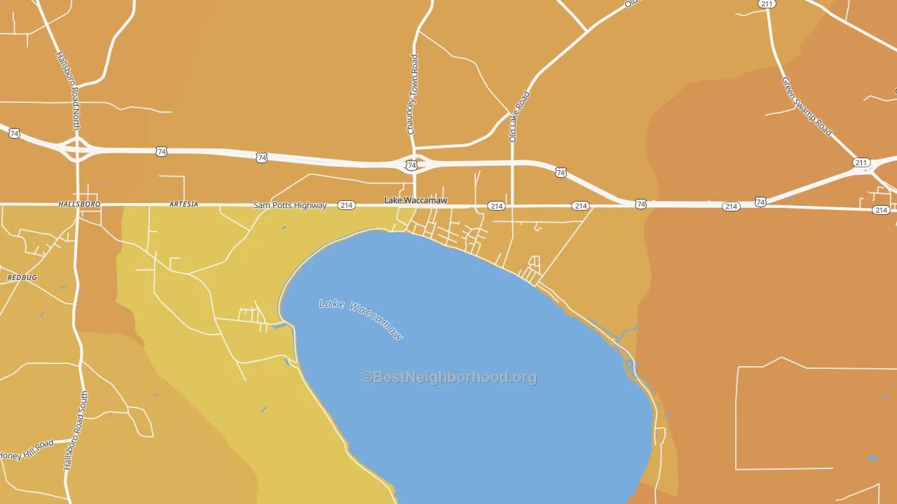 Map of the best neighborhoods in the Lake Waccamaw area, with better matches in green and worse matches in red