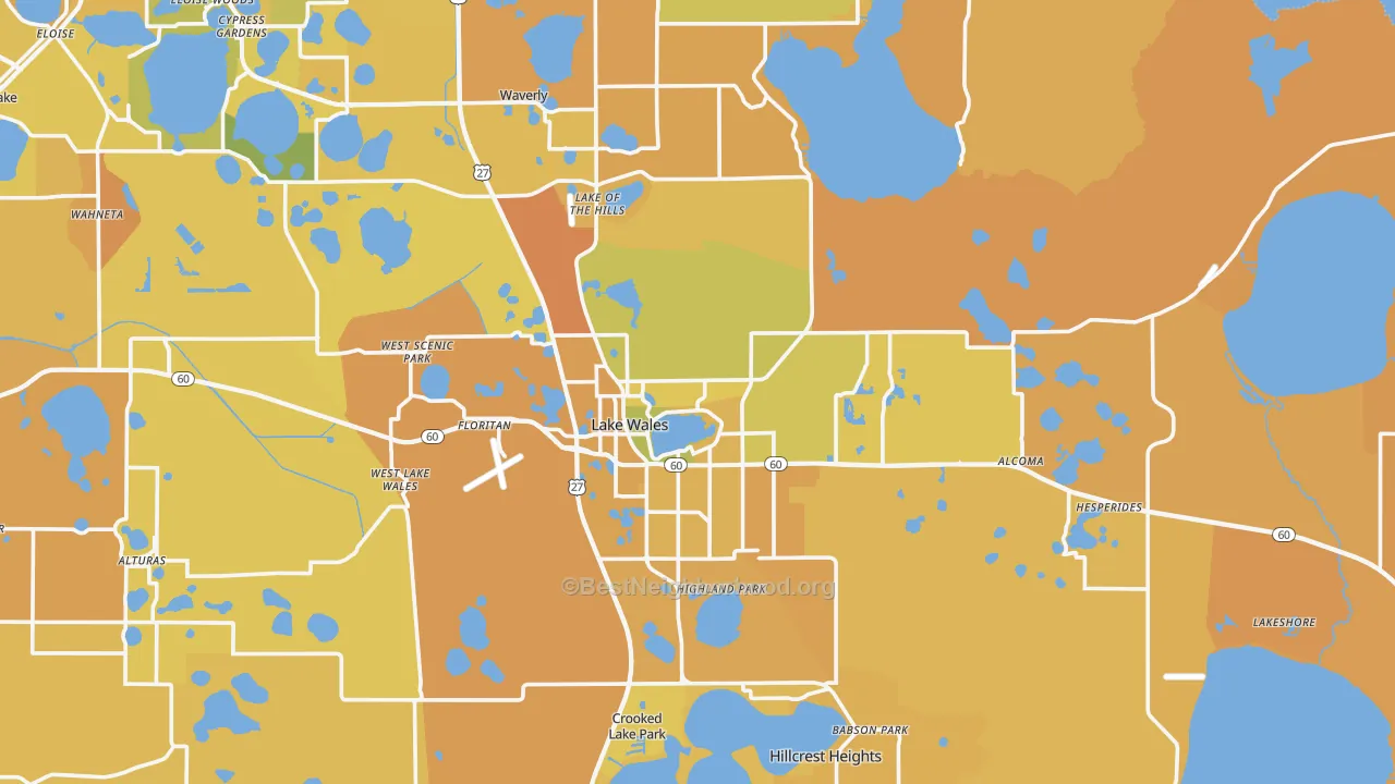Map of the best neighborhoods in the Lake Wales area, with better matches in green and worse matches in red