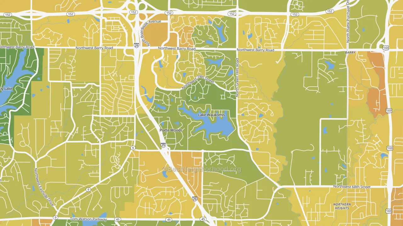 Map of the best neighborhoods in the Lake Waukomis area, with better matches in green and worse matches in red