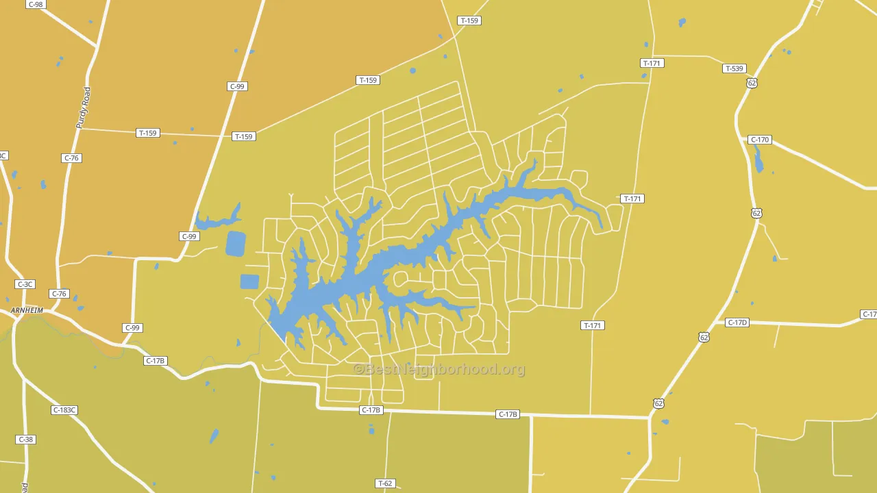 Map of the best neighborhoods in the Lake Waynoka area, with better matches in green and worse matches in red