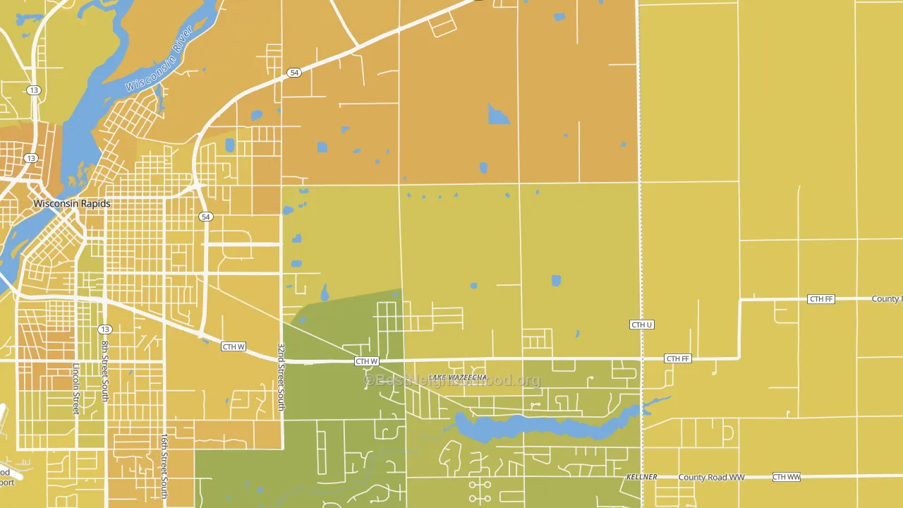 Map of the best neighborhoods in the Lake Wazeecha area, with better matches in green and worse matches in red
