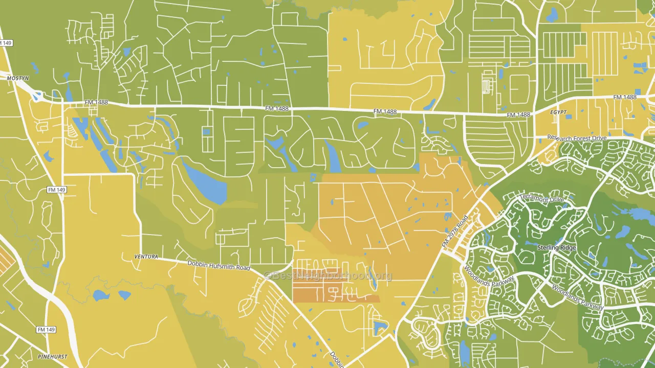 Map of the best neighborhoods in the Lake Windcrest, Magnolia area, with better matches in green and worse matches in red