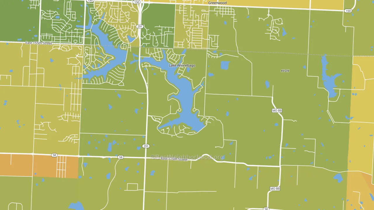 Map of the best neighborhoods in the Lake Winnebago area, with better matches in green and worse matches in red