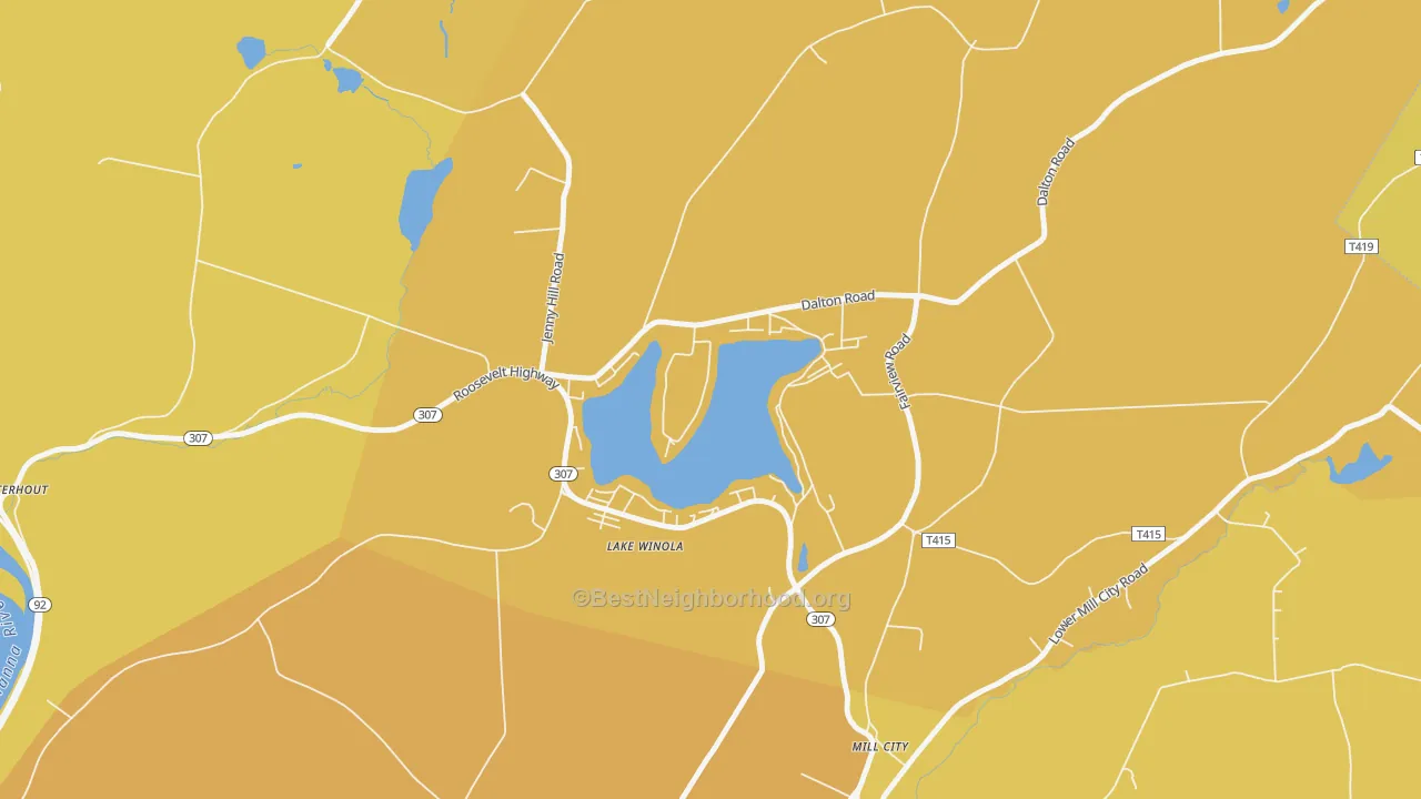 Map of the best neighborhoods in the Lake Winola area, with better matches in green and worse matches in red