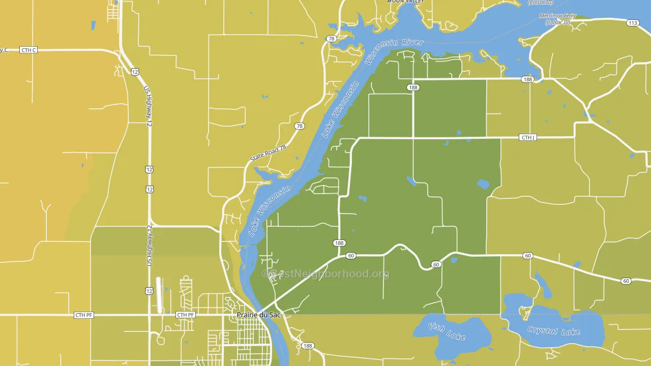Map of the best neighborhoods in the Lake Wisconsin area, with better matches in green and worse matches in red