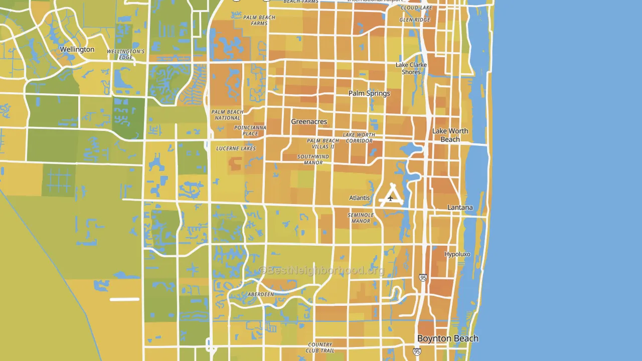 Map of the best neighborhoods in the Lake Worth area, with better matches in green and worse matches in red