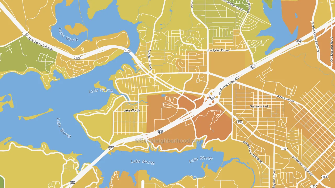 Map of the best neighborhoods in the Lake Worth area, with better matches in green and worse matches in red