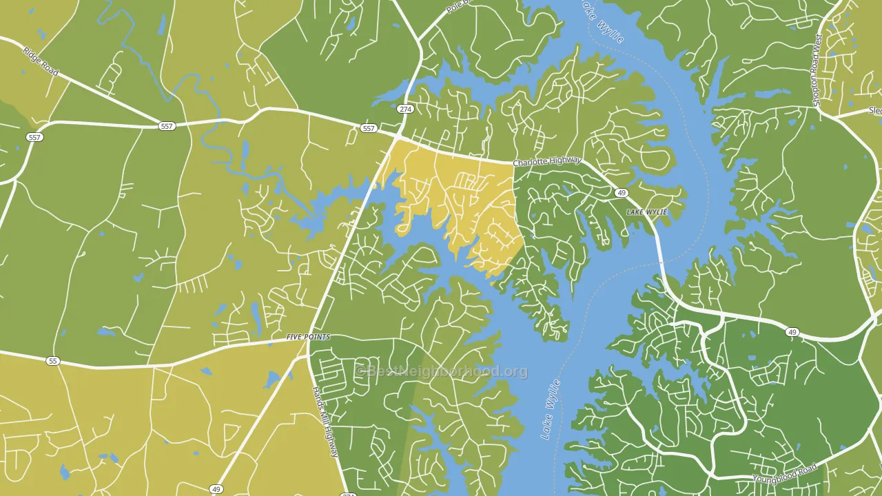 Map of the best neighborhoods in the Lake Wylie area, with better matches in green and worse matches in red