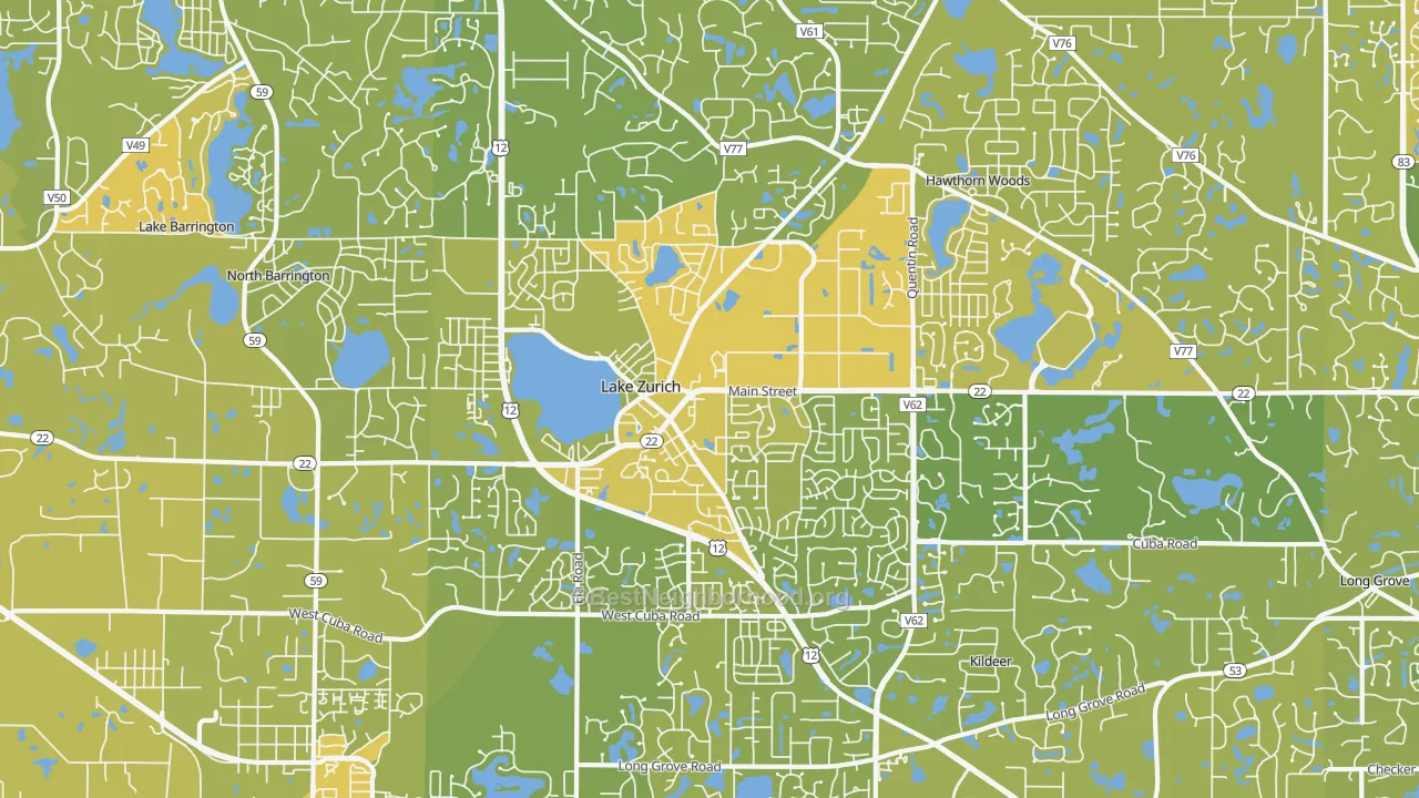 Map of the best neighborhoods in the Lake Zurich area, with better matches in green and worse matches in red