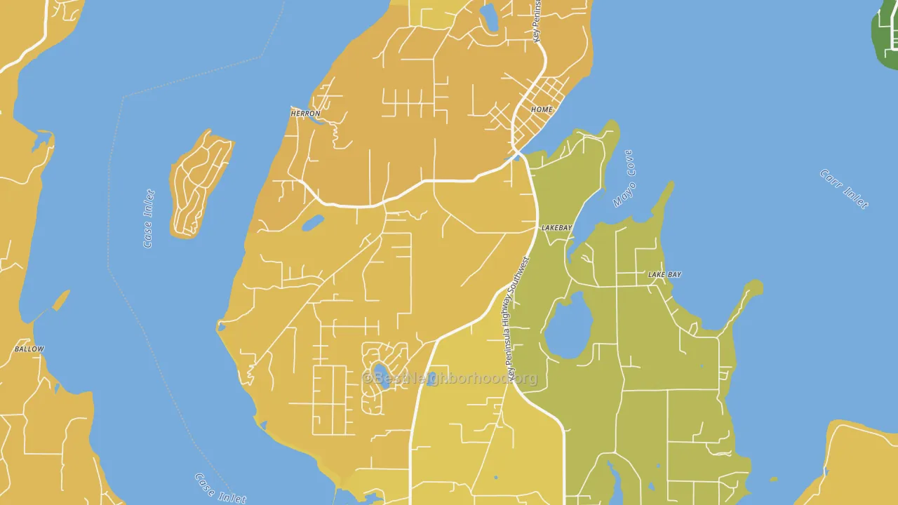 Map of the best neighborhoods in the Lakebay area, with better matches in green and worse matches in red