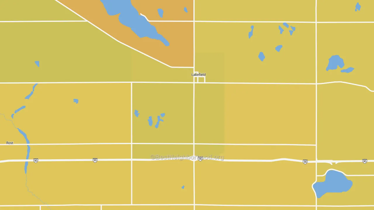 Map of the best neighborhoods in the Lakefield area, with better matches in green and worse matches in red