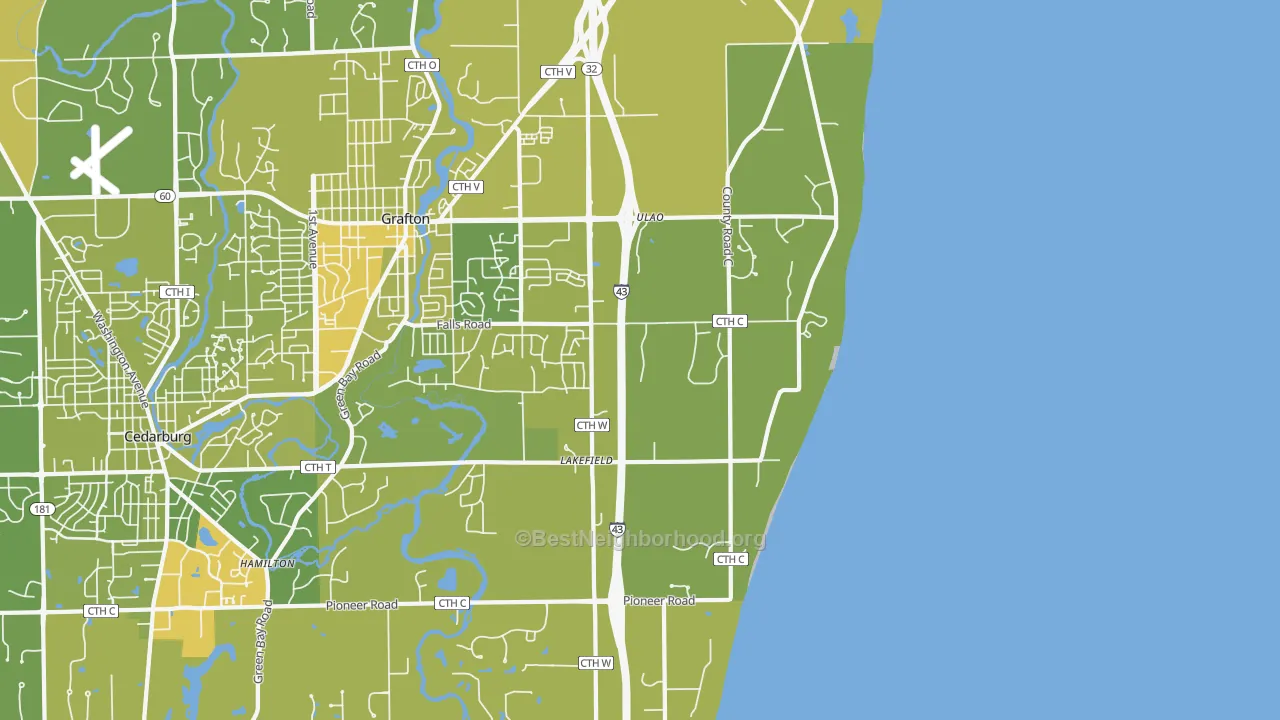 Map of the best neighborhoods in the Lakefield area, with better matches in green and worse matches in red
