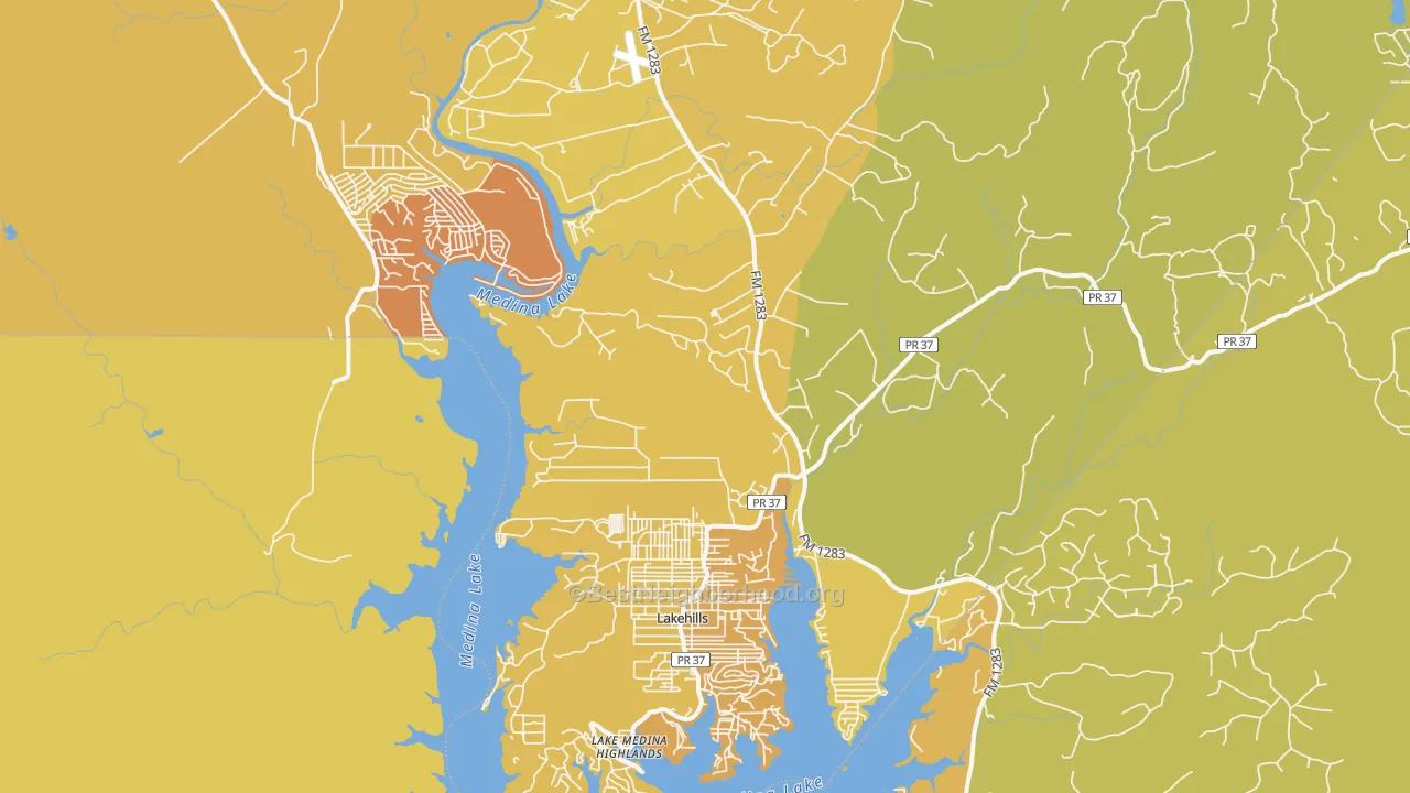 Map of the best neighborhoods in the Lakehills area, with better matches in green and worse matches in red