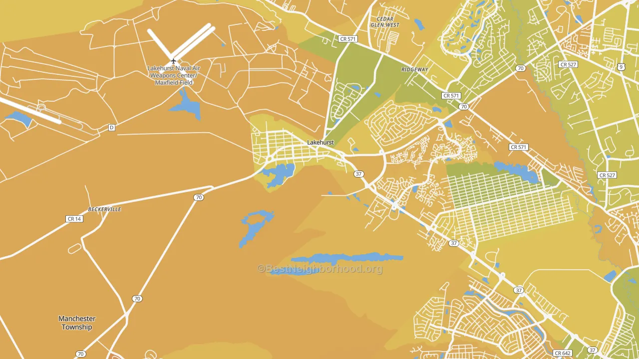 Map of the best neighborhoods in the Lakehurst area, with better matches in green and worse matches in red