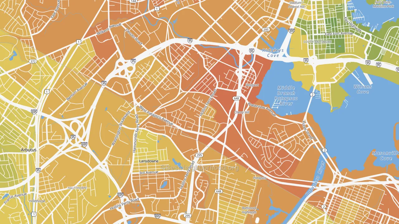 Map of the best neighborhoods in the Lakeland, Baltimore area, with better matches in green and worse matches in red