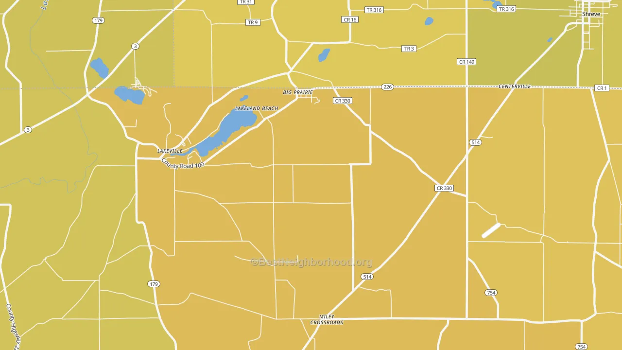 Map of the best neighborhoods in the Lakeland Beach area, with better matches in green and worse matches in red