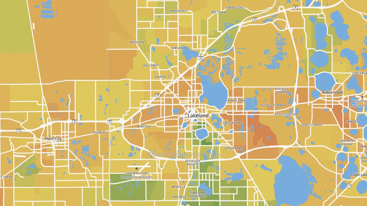 Map of the best neighborhoods in the Lakeland Metro area, with better matches in green and worse matches in red