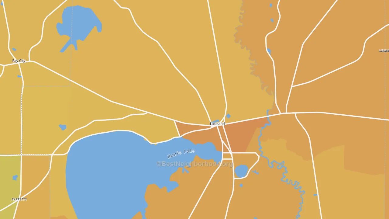 Map of the best neighborhoods in the Lakeland area, with better matches in green and worse matches in red
