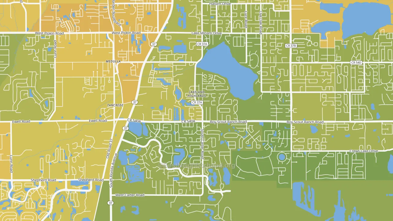 Map of the best neighborhoods in the Lakeland Highlands area, with better matches in green and worse matches in red