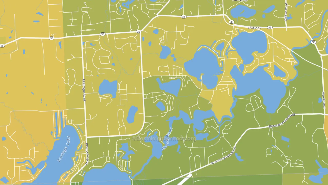 Map of the best neighborhoods in the Lakeland area, with better matches in green and worse matches in red