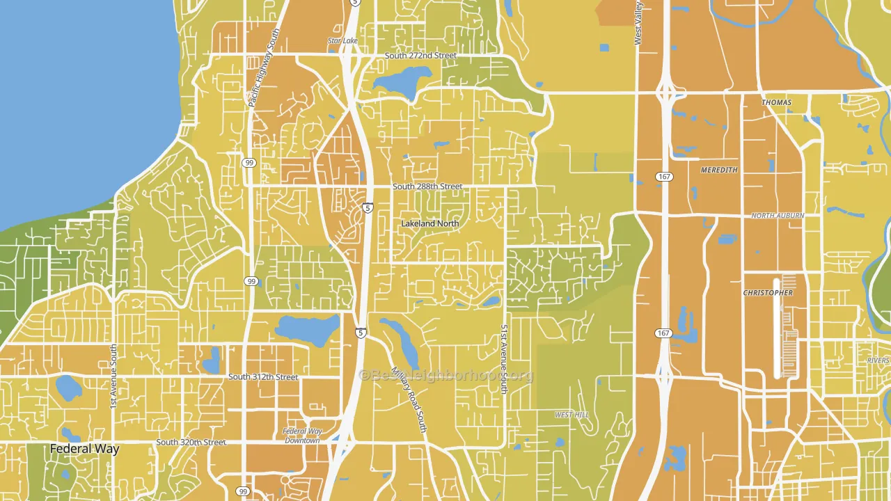 Map of the best neighborhoods in the Lakeland North area, with better matches in green and worse matches in red