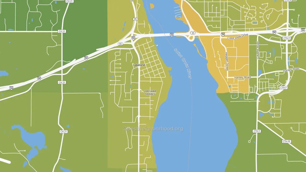 Map of the best neighborhoods in the Lakeland Shores area, with better matches in green and worse matches in red