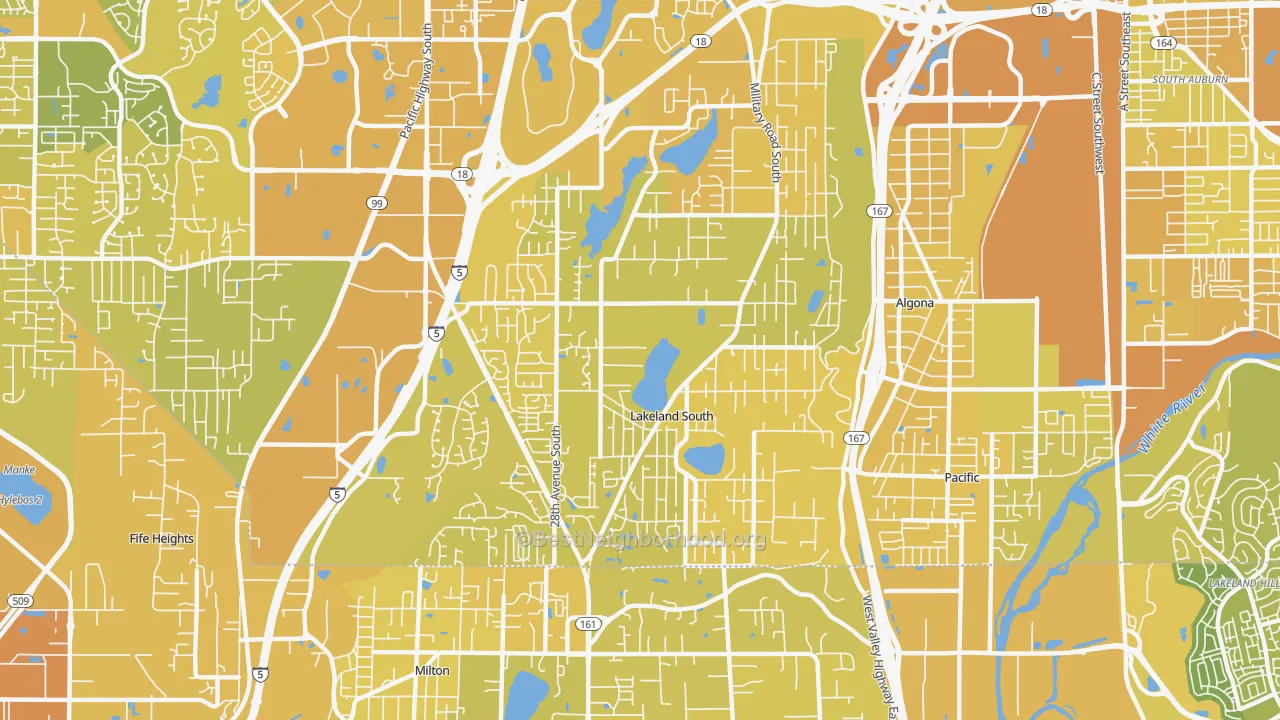 Map of the best neighborhoods in the Lakeland South area, with better matches in green and worse matches in red