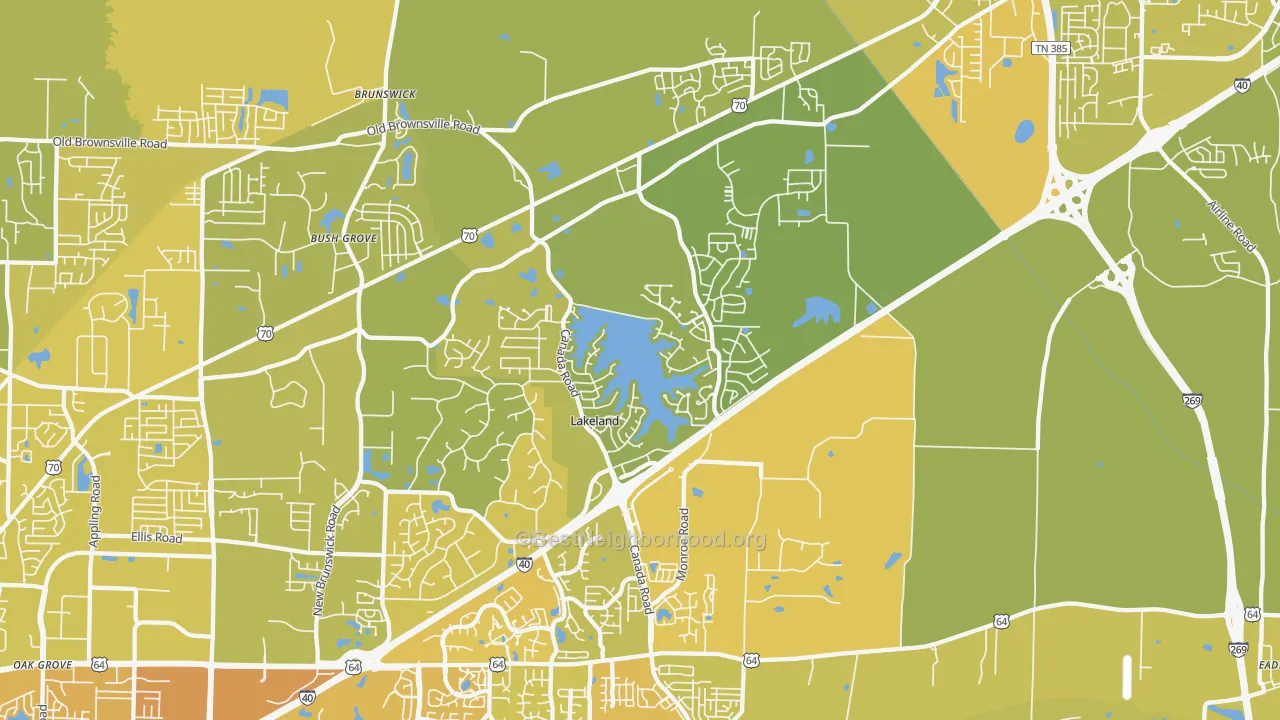 Map of the best neighborhoods in the Lakeland area, with better matches in green and worse matches in red