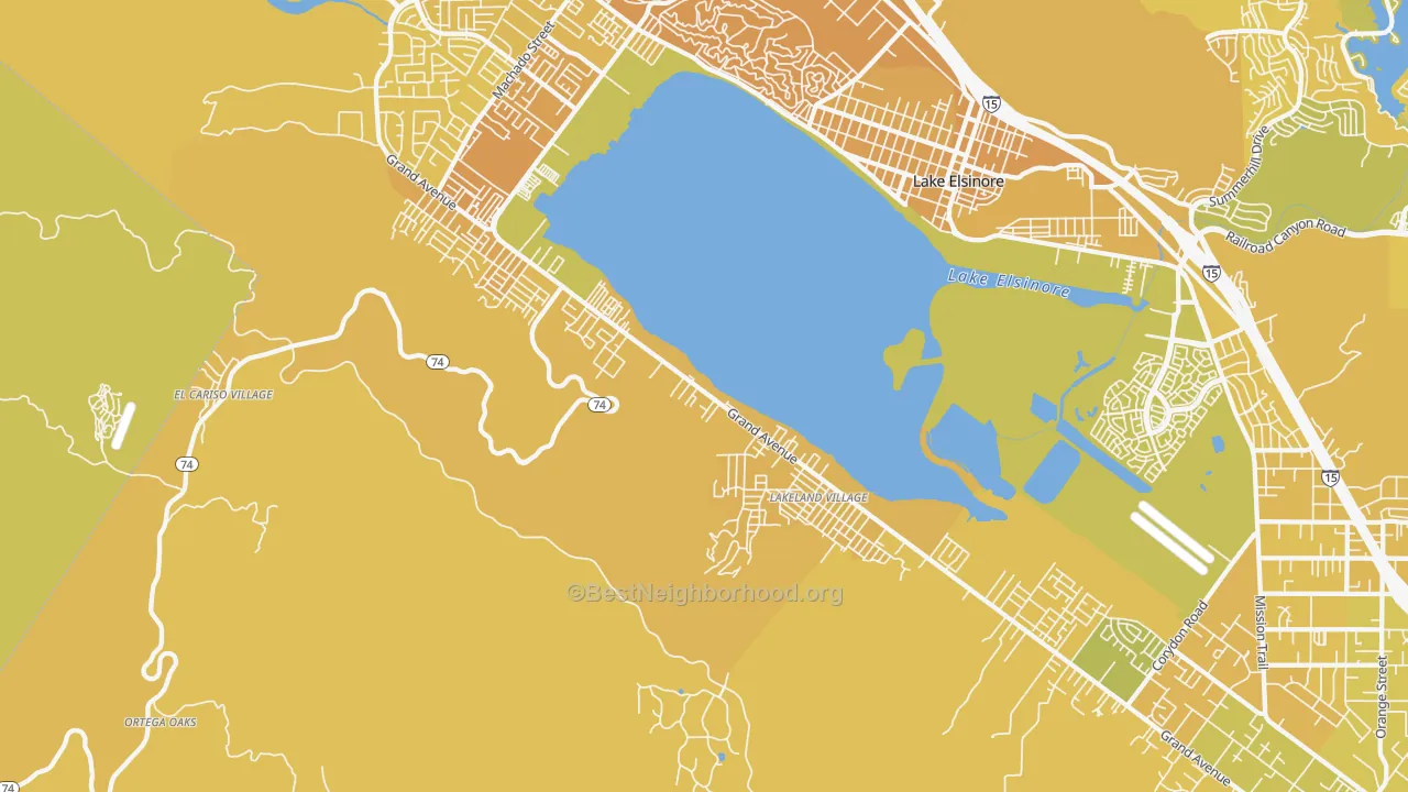 Map of the best neighborhoods in the Lakeland Village area, with better matches in green and worse matches in red