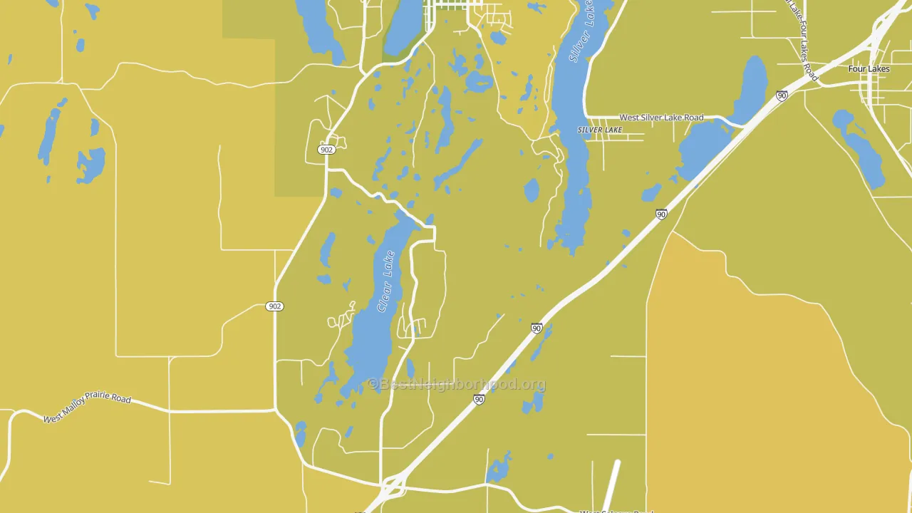 Map of the best neighborhoods in the Lakeland Village area, with better matches in green and worse matches in red