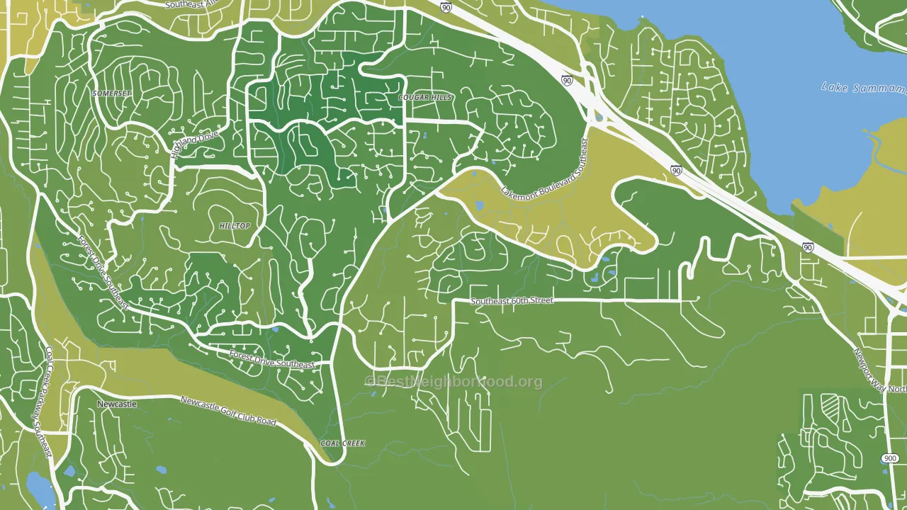 Map of the best neighborhoods in the Lakemont, Bellevue area, with better matches in green and worse matches in red