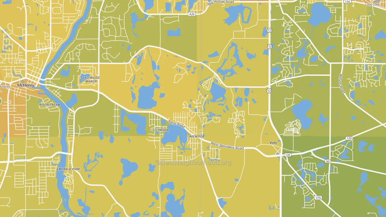 Map of the best neighborhoods in the Lakemoor area, with better matches in green and worse matches in red
