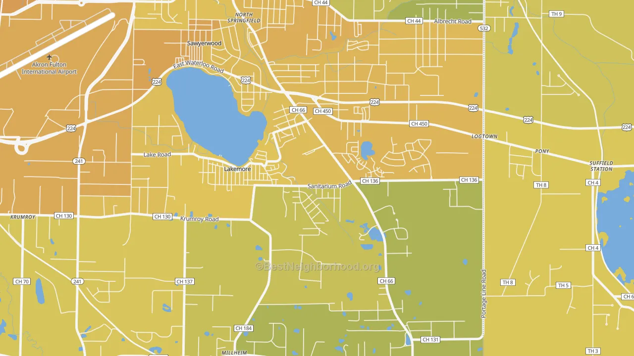Map of the best neighborhoods in the Lakemore area, with better matches in green and worse matches in red