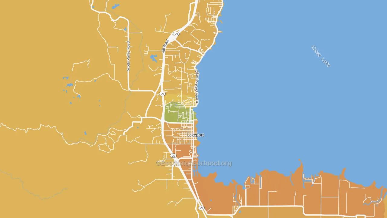 Map of the best neighborhoods in the Lakeport area, with better matches in green and worse matches in red