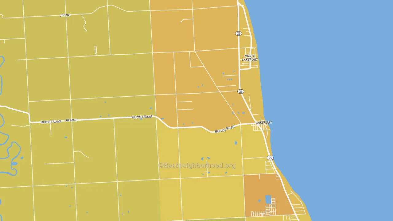 Map of the best neighborhoods in the Lakeport area, with better matches in green and worse matches in red