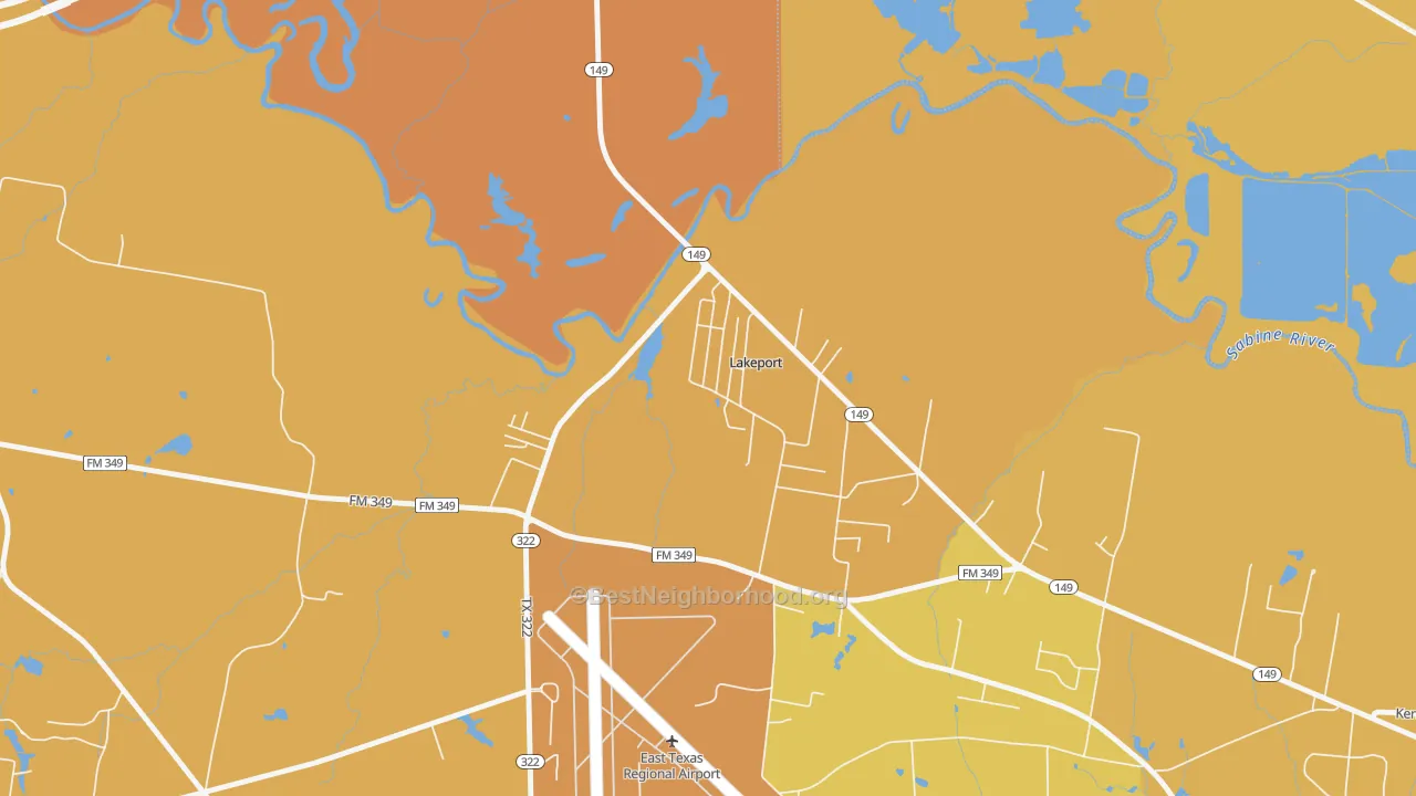 Map of the best neighborhoods in the Lakeport area, with better matches in green and worse matches in red