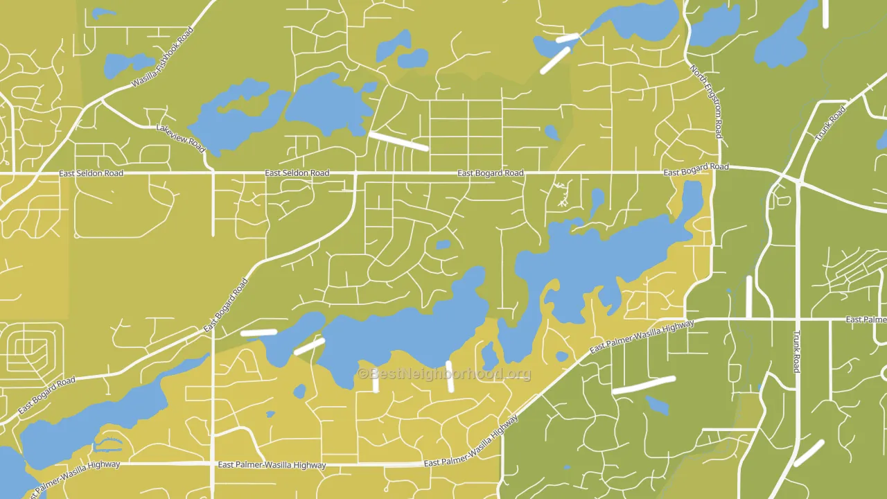 Map of the best neighborhoods in the Lakes area, with better matches in green and worse matches in red