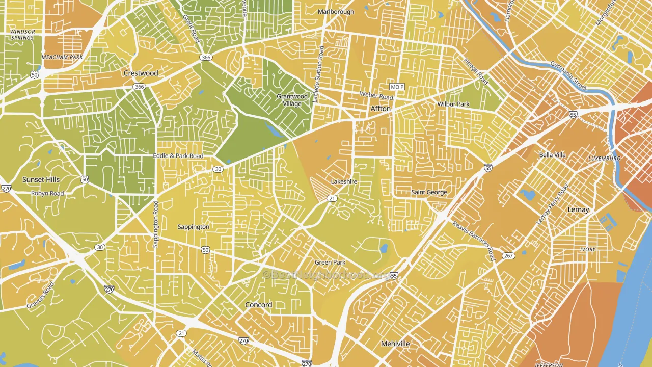 Map of the best neighborhoods in the Lakeshire area, with better matches in green and worse matches in red