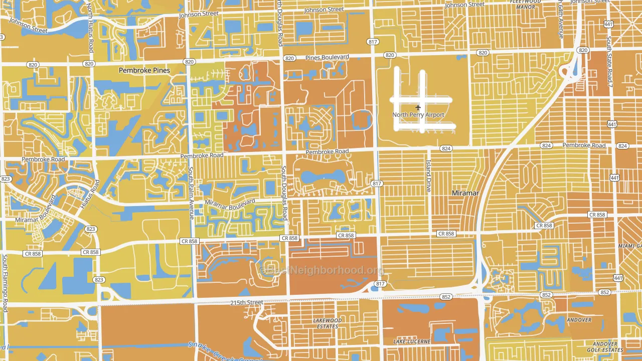 Map of the best neighborhoods in the Lakeshore at University Park, Miramar area, with better matches in green and worse matches in red