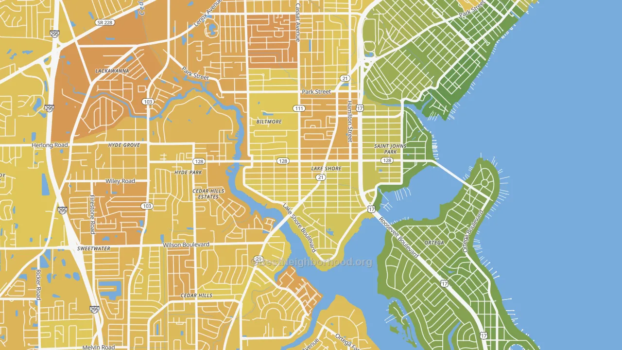 Map of the best neighborhoods in the Lakeshore, Jacksonville area, with better matches in green and worse matches in red