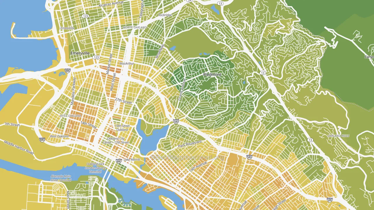 Map of the best neighborhoods in the Lakeshore-Oakland, Oakland area, with better matches in green and worse matches in red