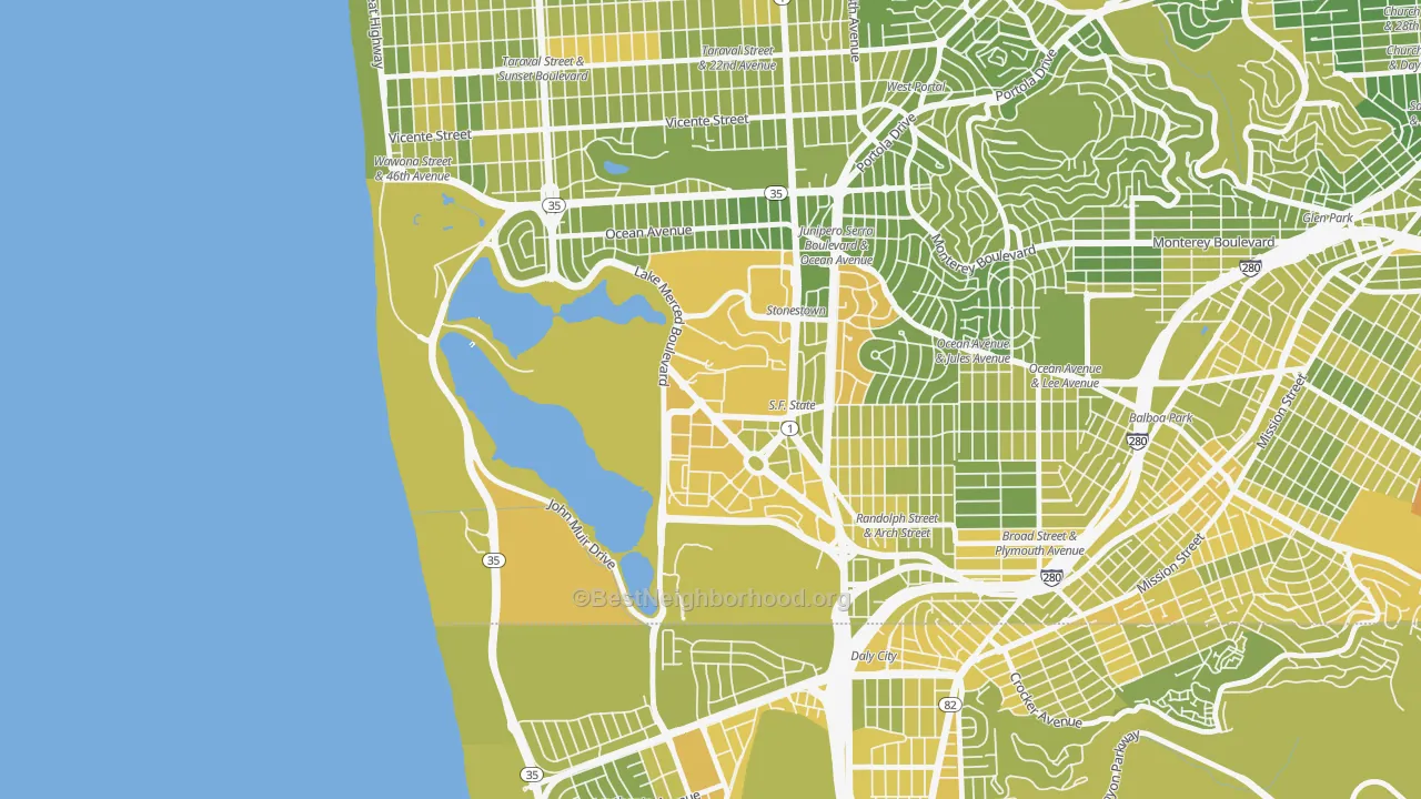 Map of the best neighborhoods in the Lakeshore, San Francisco area, with better matches in green and worse matches in red