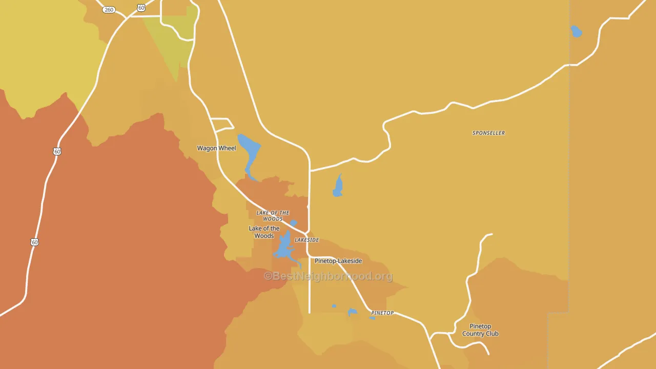 Map of the best neighborhoods in the Lakeside area, with better matches in green and worse matches in red